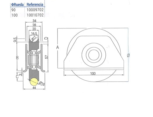 Esquema medidas ruedas 90 y 100 mm puerta corredera con soporte para soldar y canal de 16 mm